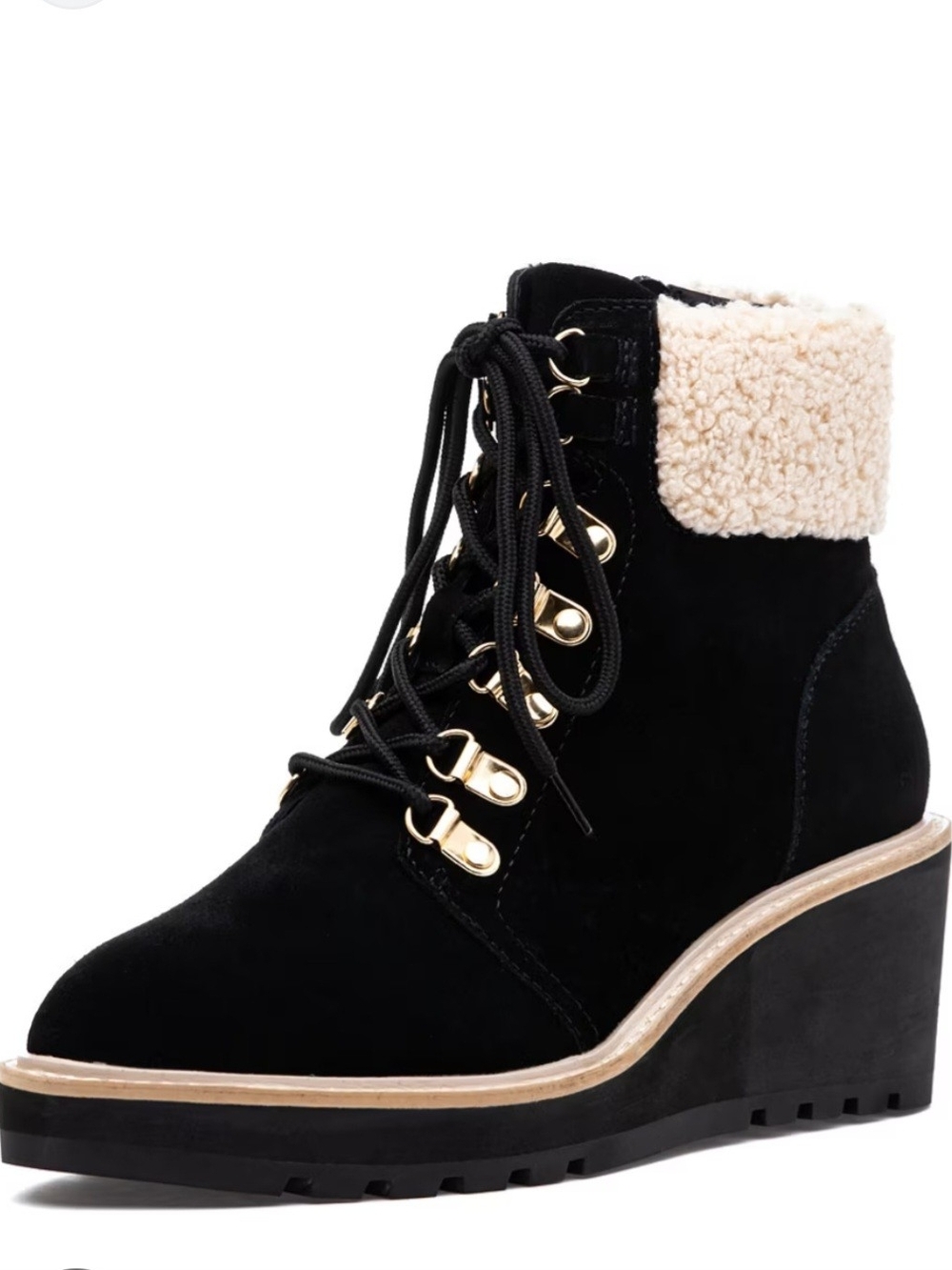 Cecelia New York Geraldine Black Wedge Lace-Up Ankle Boot Cream Sherpa Collar